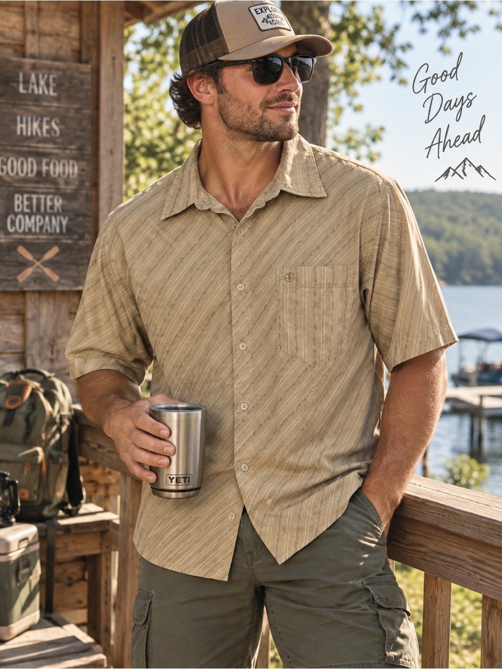 Aigle Men’s XXL Beige Striped Short Sleeve Button Down Outdoor Shirt